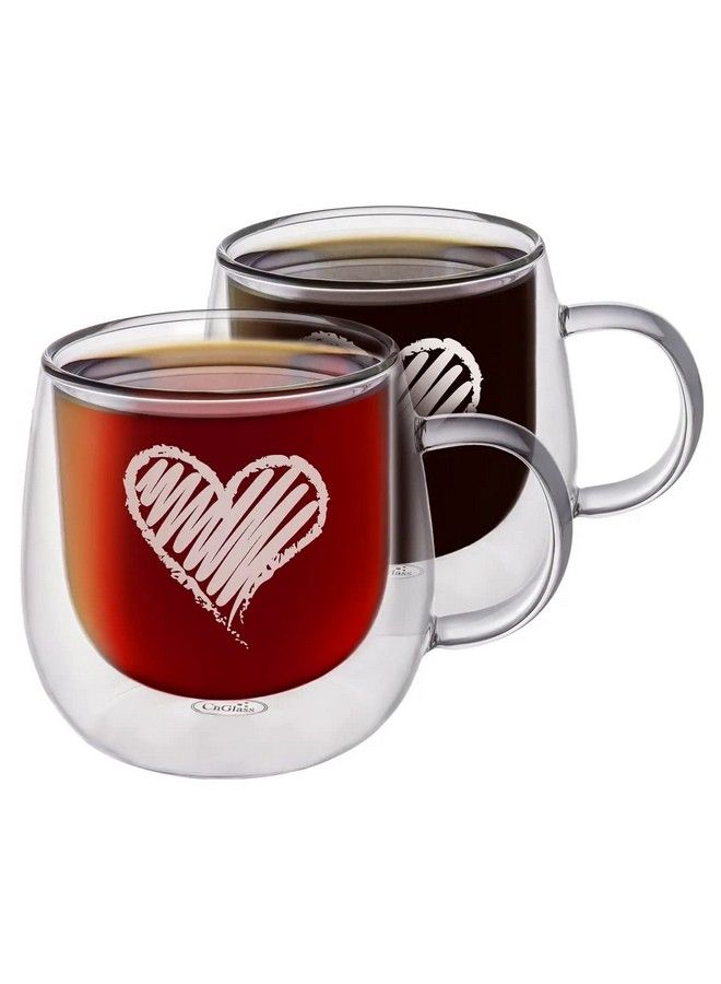 10Oz Double Wall Glass Coffee Mugsclear Insulated Espresso Coffee Cups With Heart Pattern For Latte Cappuccinoteaset Of 2