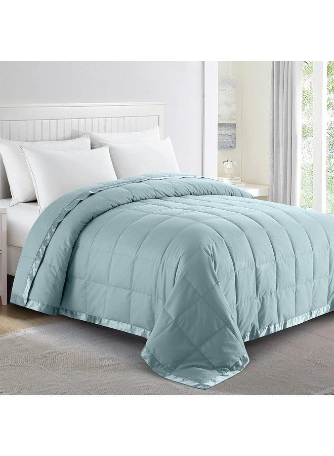 Soft Lightweight Down Blanket With Satin Trim For Bed 100% Cotton Foggy Blue Full Queen Size (90