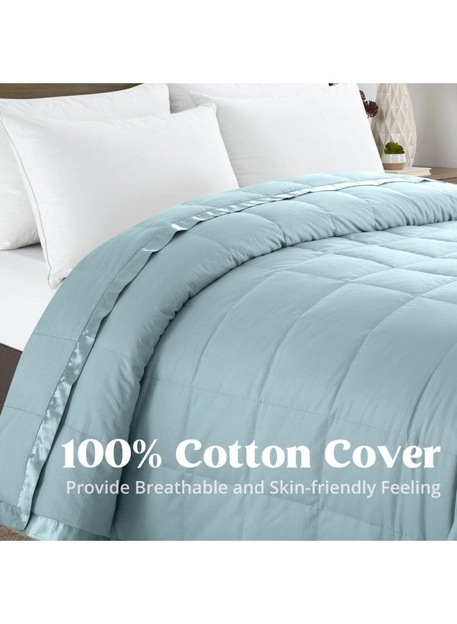 Soft Lightweight Down Blanket With Satin Trim For Bed 100% Cotton Foggy Blue Full Queen Size (90