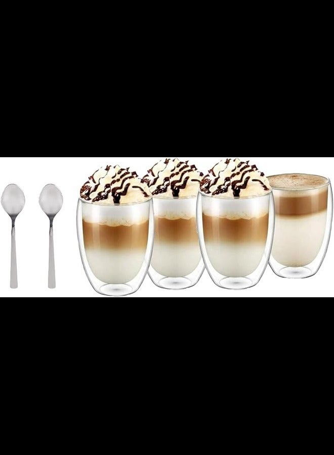 Pescador Double Walled Glass Coffee Cups with Spoon - Set of 4 Large 350ML Insulated Mugs for Cappuccino, Latte, Espresso, and Tea - Includes Bonus Spoon - Ideal for Hot and Cold Beverages