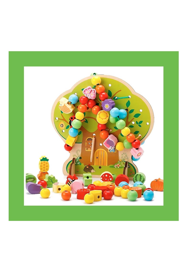 Montessori Wooden Lacing Beads Toy for Toddlers Educational Stringing Craft Activity Toy Tree Fruits Vegetable Threading Toy Fine Motor Skills Toy for Boys Girls
