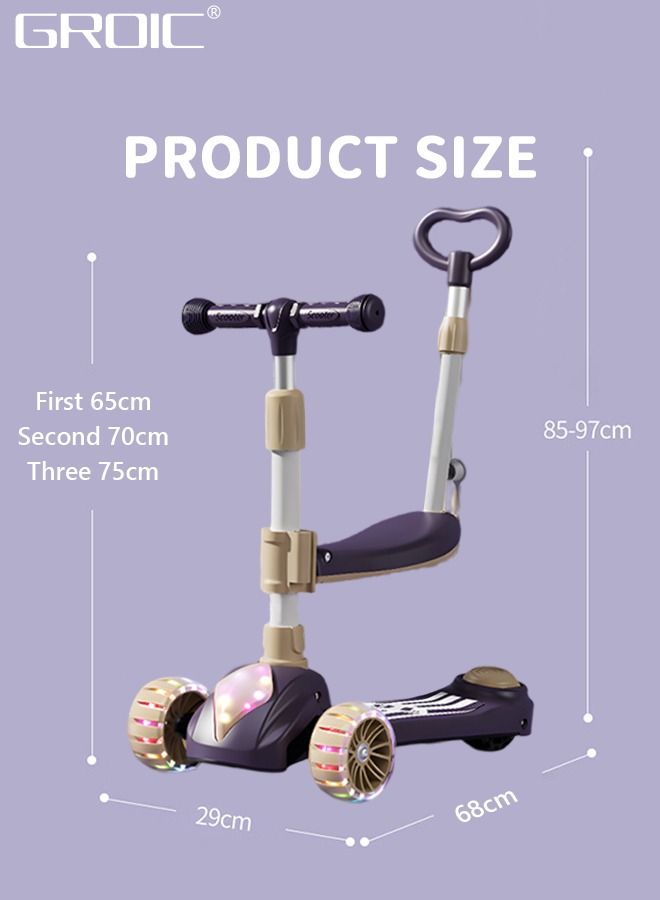 3-in-1 Kids Folding Scooter with Music And Light, Flashing Wheels, Adjustable Push Bar & Seat & Handlebar, Widened Non-Slip Deck, 3 Wheel Kick Scooter for Boys Girls