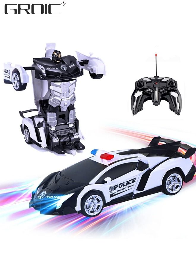 Transform Remote Control Car, Transform Robot RC Car Toys with 2.4Ghz One-Button Transforming 360 Degree Rotation Drifting Police Car,Deformation Car 1:18 Scale