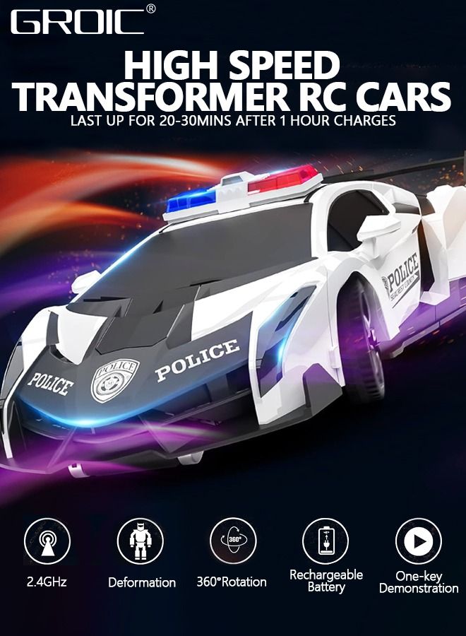 Transform Remote Control Car, Transform Robot RC Car Toys with 2.4Ghz One-Button Transforming 360 Degree Rotation Drifting Police Car,Deformation Car 1:18 Scale