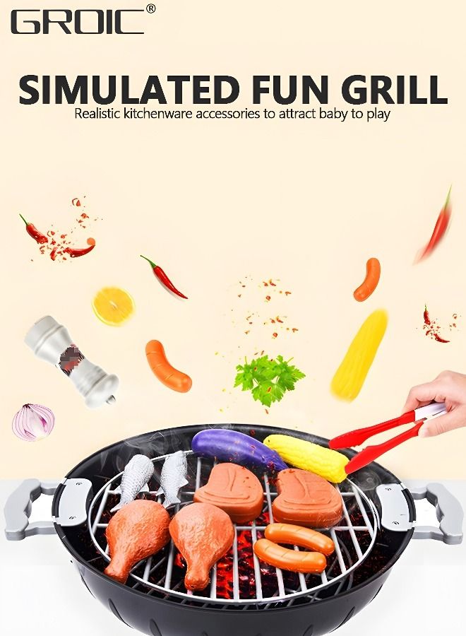 BBQ Play Set Toys for Kids,Barbecue Playset Food Cooking Playset Kitchen Playset with 1 Barbecue Grill, 2 Cooking Grates, Meats, Vegetables, Utensils, Kitchen Pretend Play