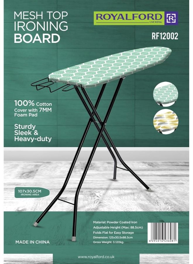 Royalford Mesh Top Ironing Board- RF12002 Heat Resistant Cotton Cover with Foam Pads and Adjustable Height Mechanism Foldable and Easy to Store