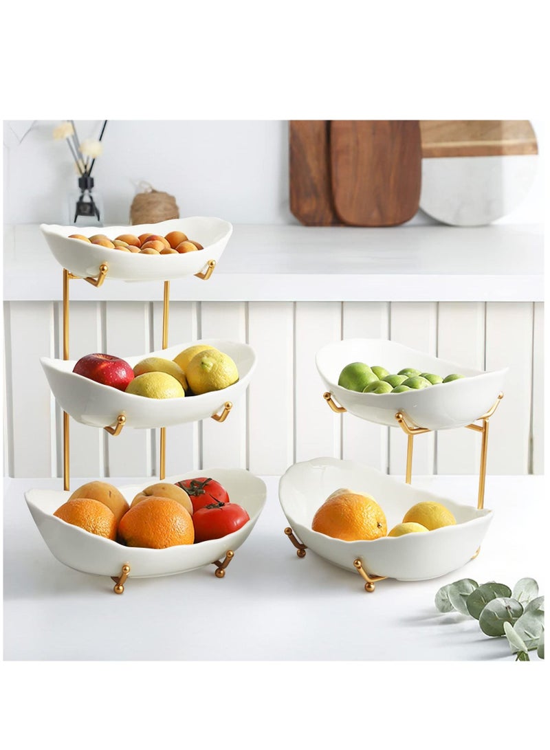 Fruit Bowl for Kitchen Counter, 2 Tier Ceramic Serving Bowls with Metal Stand, Tiered Fruit Basket for Fruit Vegetable Storage, Snack (Gold)
