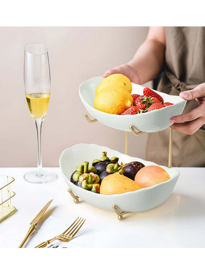 Fruit Bowl for Kitchen Counter, 2 Tier Ceramic Serving Bowls with Metal Stand, Tiered Fruit Basket for Fruit Vegetable Storage, Snack (Gold)