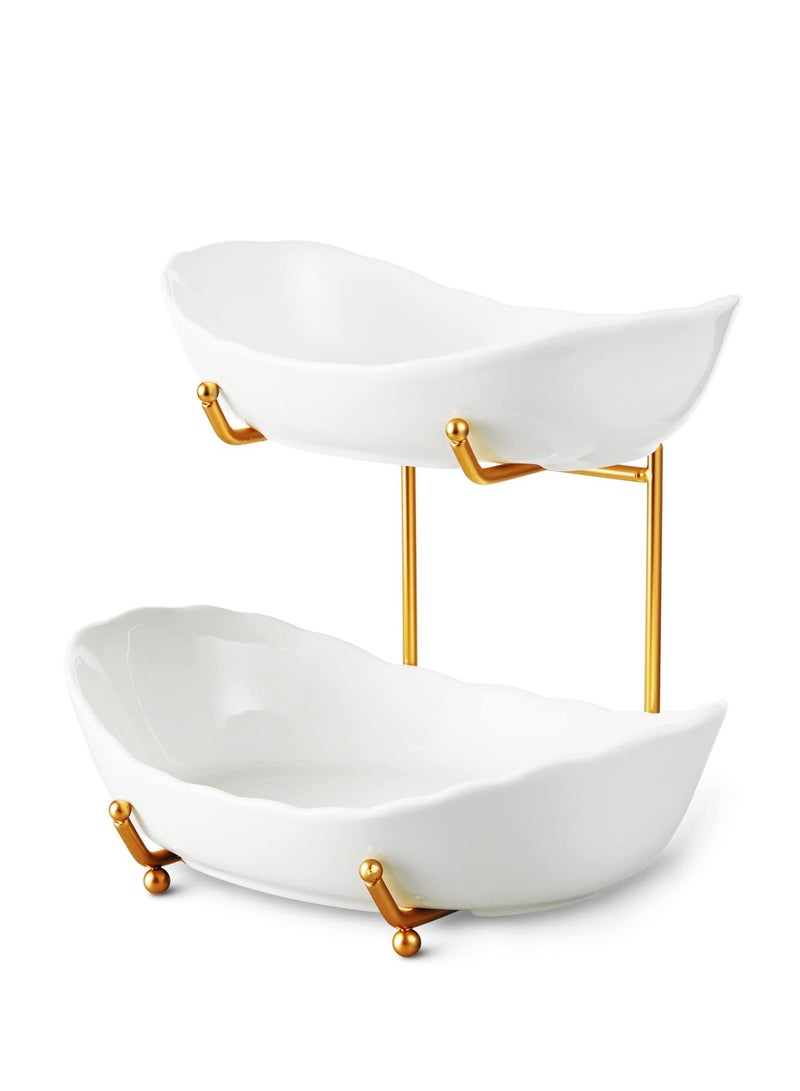 Fruit Bowl for Kitchen Counter, 2 Tier Ceramic Serving Bowls with Metal Stand, Tiered Fruit Basket for Fruit Vegetable Storage, Snack (Gold)