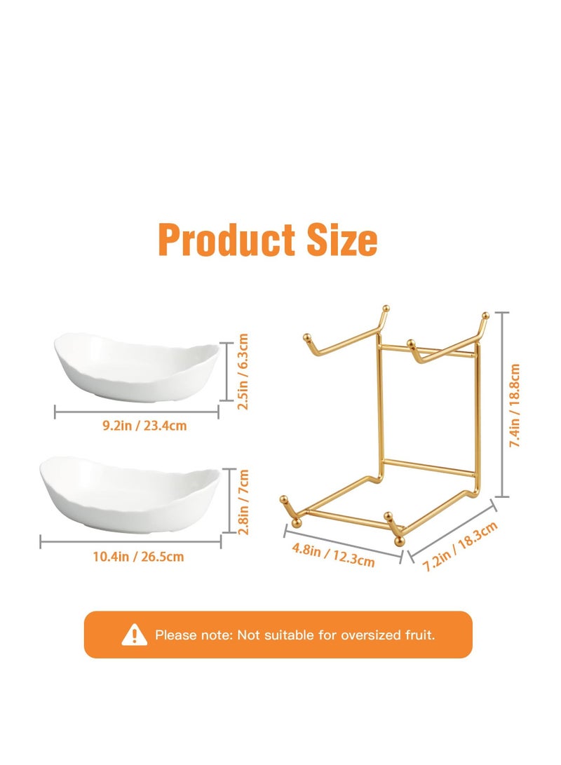 Fruit Bowl for Kitchen Counter, 2 Tier Ceramic Serving Bowls with Metal Stand, Tiered Fruit Basket for Fruit Vegetable Storage, Snack (Gold)