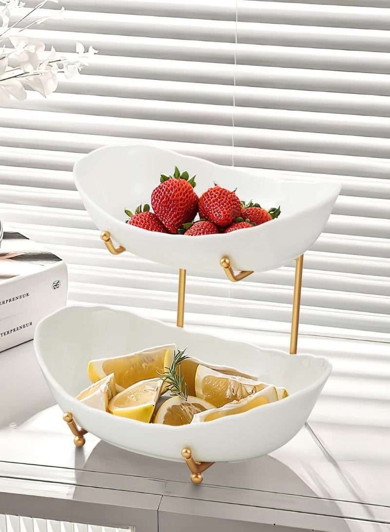 Fruit Bowl for Kitchen Counter, 2 Tier Ceramic Serving Bowls with Metal Stand, Tiered Fruit Basket for Fruit Vegetable Storage, Snack (Gold)