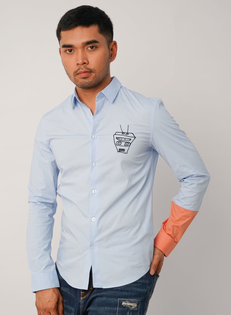 Men's Contrast Sleeve With Cuff Button-down Shirt in SKY