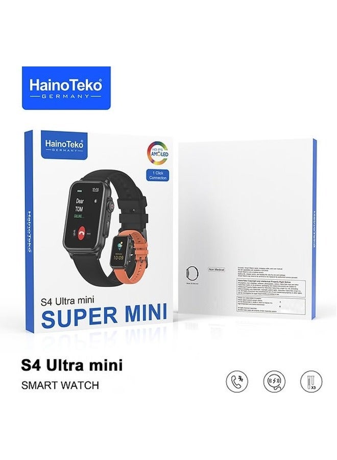 Haino Teko Germany S4 Ultra Mini Smart Watch With 2 Pair Strap and Wireless Charger For Men's and Women's Black