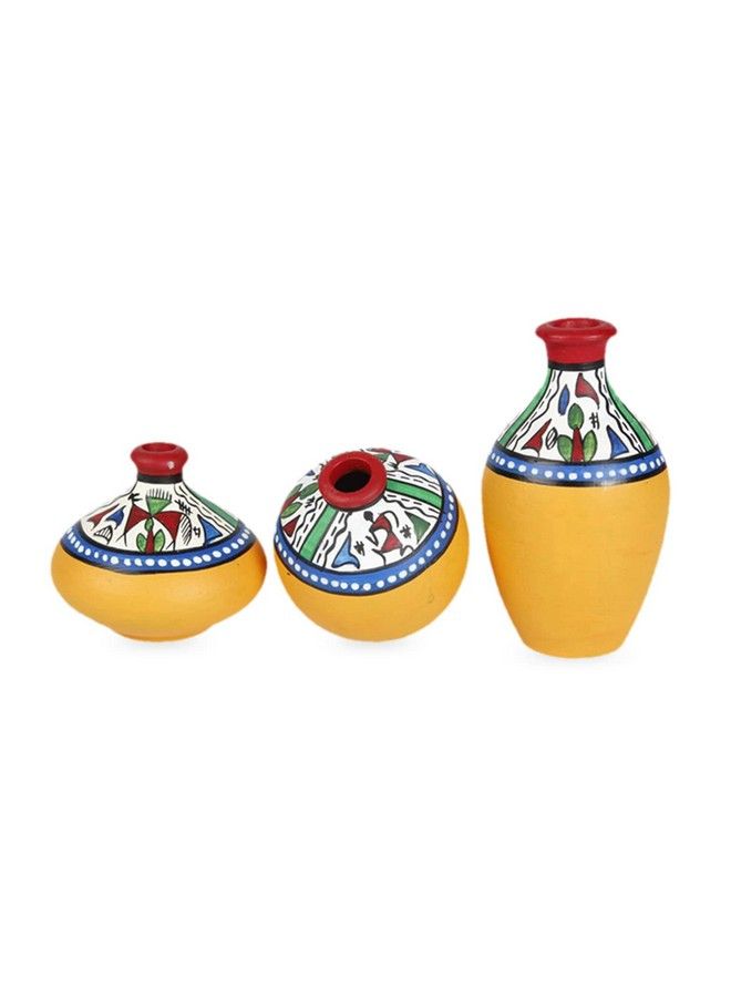 Earthenware Terracotta Miniature Pots For Home Décor Living Room Showpiece Set (Yellow 7.6 X 7.6 X 9.1 Cm 3 Pieces)