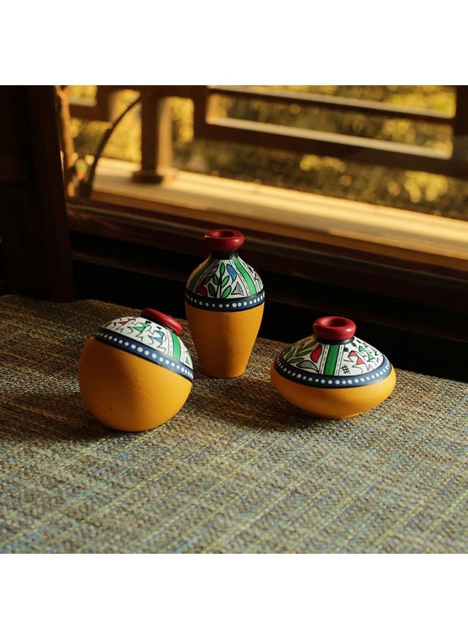 Earthenware Terracotta Miniature Pots For Home Décor Living Room Showpiece Set (Yellow 7.6 X 7.6 X 9.1 Cm 3 Pieces)