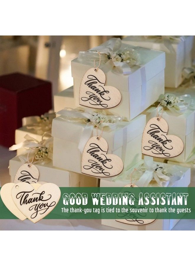 100 Pieces Thank You Tags Heart Shape Wood Tags Wooden Thank You Tag With Hole Heart Favor Tags With Natural Twine For Wedding Baby Shower Party