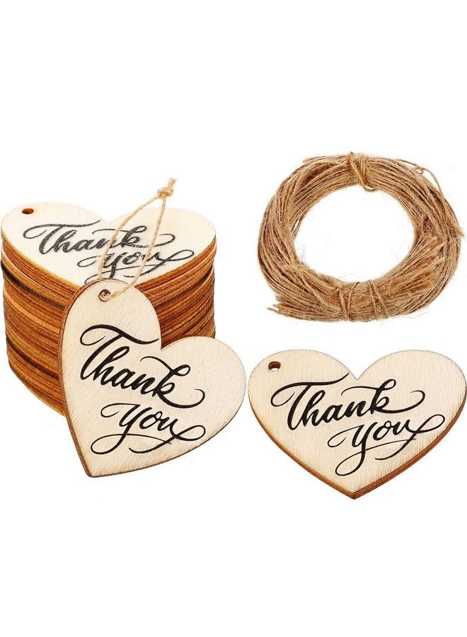 100 Pieces Thank You Tags Heart Shape Wood Tags Wooden Thank You Tag With Hole Heart Favor Tags With Natural Twine For Wedding Baby Shower Party