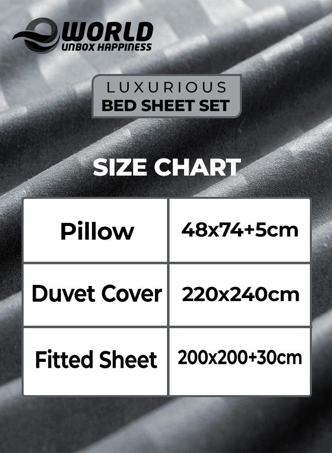 4-Piece Luxury King Size Dark Grey Striped Bedding Set Includes 1 Duvet Cover (220x240cm), 1 Fitted Bed Sheet (200x200+30cm), and 2 Pillow Cases (48x74+5cm) for Ultimate Hotel-Inspired Sophistication