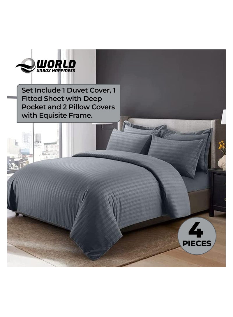 4-Piece Luxury King Size Dark Grey Striped Bedding Set Includes 1 Duvet Cover (220x240cm), 1 Fitted Bed Sheet (200x200+30cm), and 2 Pillow Cases (48x74+5cm) for Ultimate Hotel-Inspired Sophistication