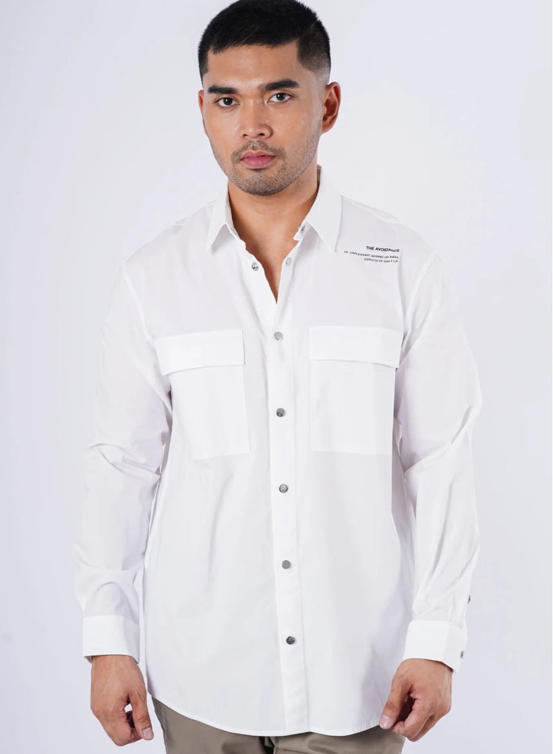Men’s Rear Side Printed Collared Neck Shirt in Bright White