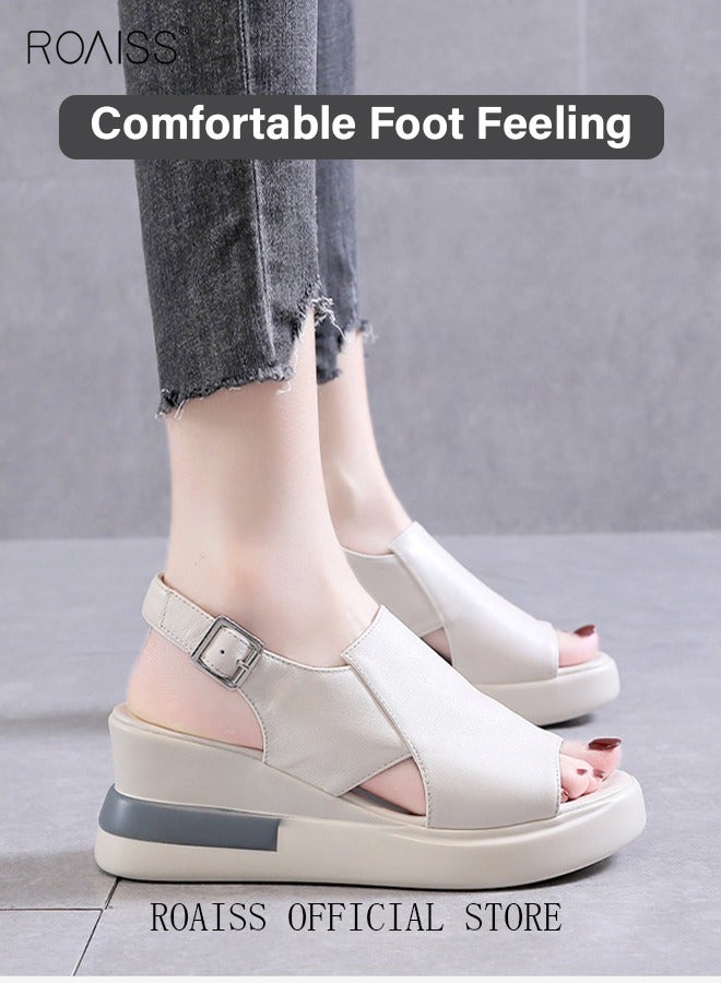 Thick Bottom Wedge Sandals Women's New Summer High-Heeled Fish Mouth Women's Shoes Soft Leather Buckle Open Toe Raised Platform Shoes