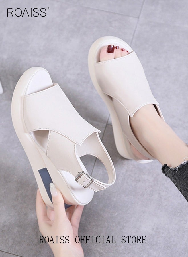 Thick Bottom Wedge Sandals Women's New Summer High-Heeled Fish Mouth Women's Shoes Soft Leather Buckle Open Toe Raised Platform Shoes