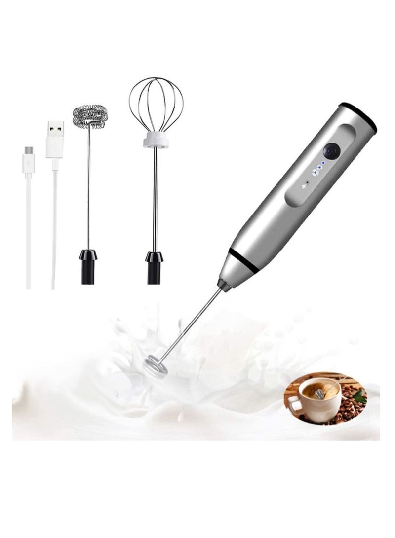 USB Rechargeable Milk Frother Handheld, 3 Speeds Handheld Electric Whisk, Egg Beater with Double Stainless Whisks, Suitable for Coffee, Latte, Cappuccino, Matcha, Hot Chocolate, Egg (Silver)