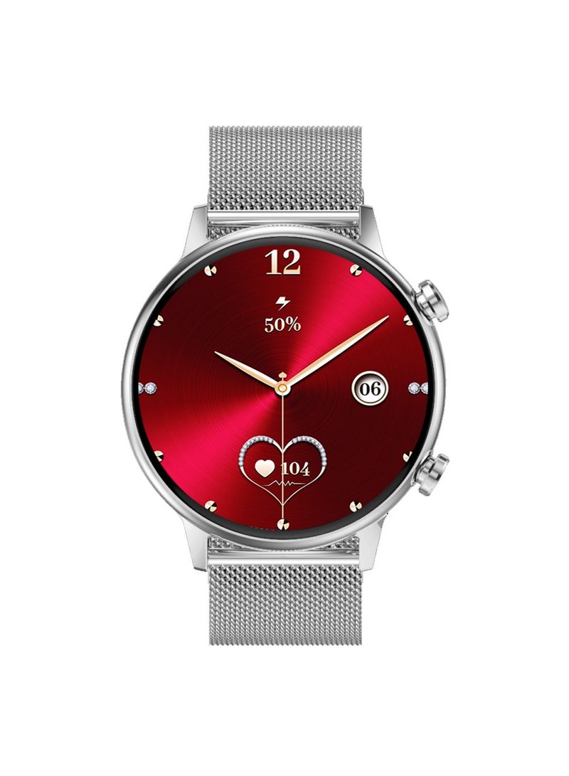 Gtab GT9 princess edition ladies smart watch with 1.1 inch round shape amoled display ip68 waterproof technology and wireless charger Silver