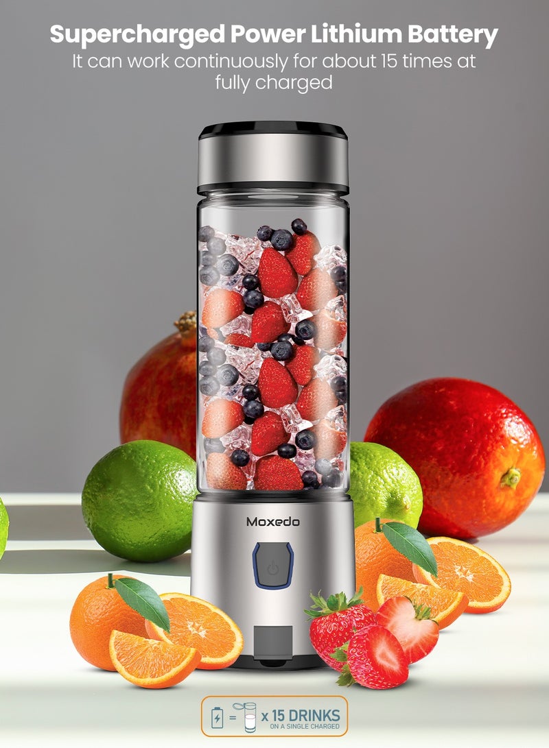 Moxedo Portable Juicer Blender USB Rechargeable 6 Stainless Steel Blades 15oz BPA Free Handheld Personal Mini Blender for Shake and Smoothies - Black