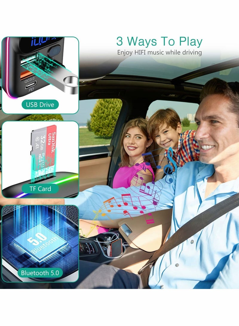 Bluetooth V5.0 FM Transmitter for Car QC3.0 Fast Charging RGB Rainbow Flow LED Backlit