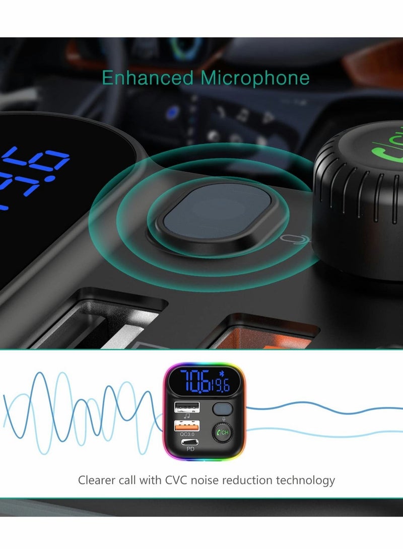 Bluetooth V5.0 FM Transmitter for Car QC3.0 Fast Charging RGB Rainbow Flow LED Backlit
