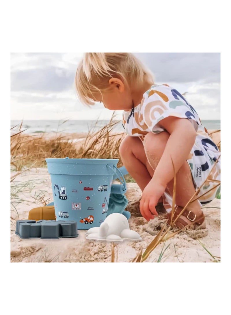 7PCS Silicone Beach Toy Collection for Toddlers, Sand Toy Beach Bucket Set Snow Toy Set Sandbox Toy Collection Eco-Friendly Sandbox Toy Kit Beach Bucket with Sand Sifters Lid for Baby Kids