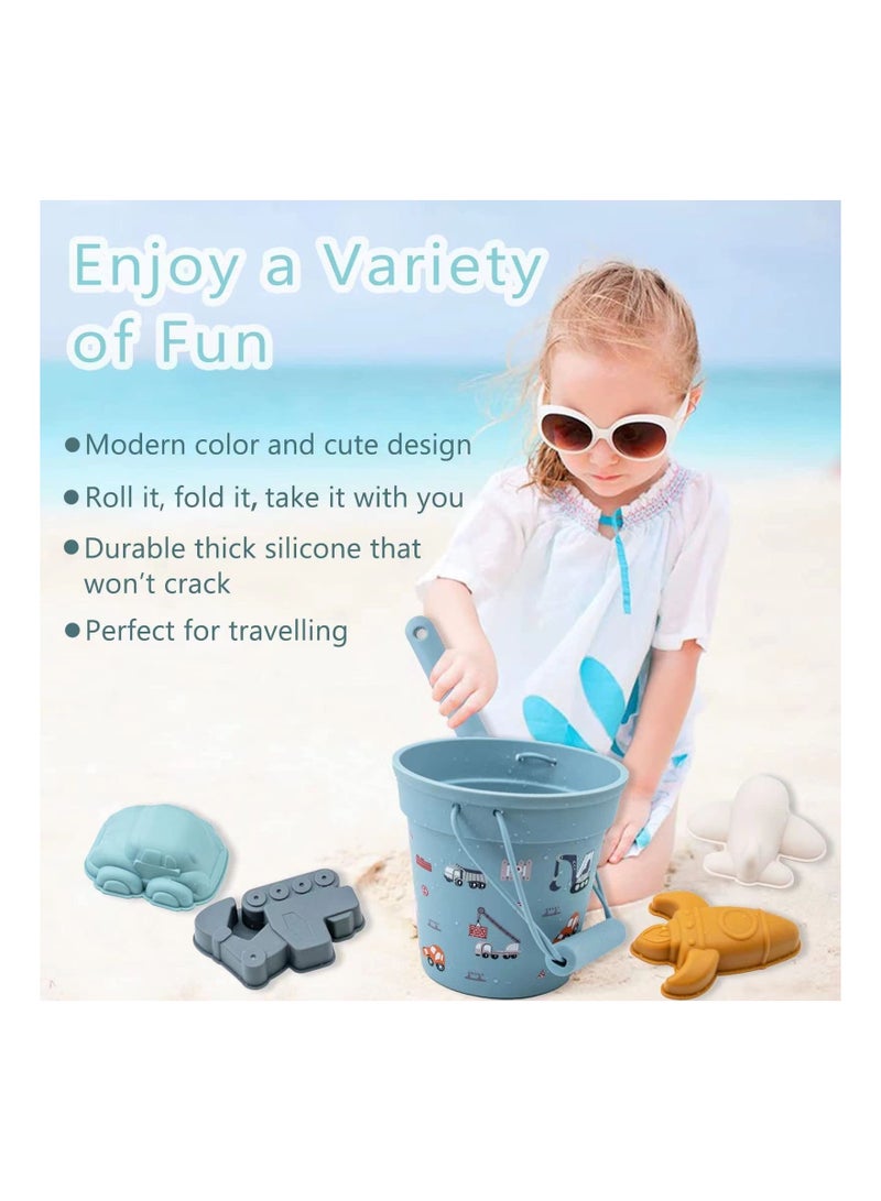 7PCS Silicone Beach Toy Collection for Toddlers, Sand Toy Beach Bucket Set Snow Toy Set Sandbox Toy Collection Eco-Friendly Sandbox Toy Kit Beach Bucket with Sand Sifters Lid for Baby Kids