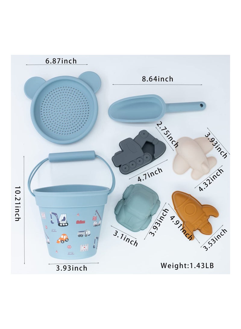 7PCS Silicone Beach Toy Collection for Toddlers, Sand Toy Beach Bucket Set Snow Toy Set Sandbox Toy Collection Eco-Friendly Sandbox Toy Kit Beach Bucket with Sand Sifters Lid for Baby Kids