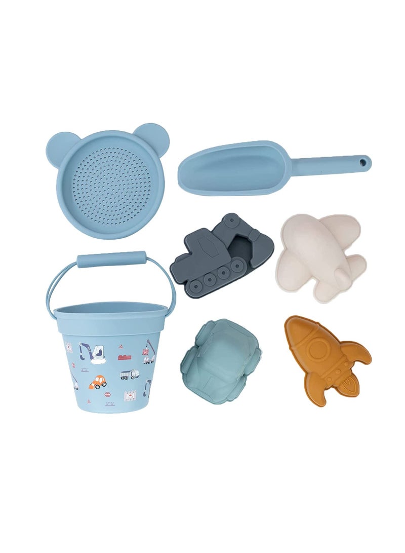 7PCS Silicone Beach Toy Collection for Toddlers, Sand Toy Beach Bucket Set Snow Toy Set Sandbox Toy Collection Eco-Friendly Sandbox Toy Kit Beach Bucket with Sand Sifters Lid for Baby Kids
