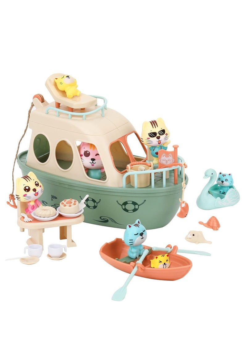 Toddler Pet Pretend Play Set Boat Baby Toy, Cat Toy for Girls and Boys, , 31Pcs Sailing Kitten Figurines, Kids Gifts 3 4 5 6 7 8 9+ STEM Educational Interactive Birthday Gift