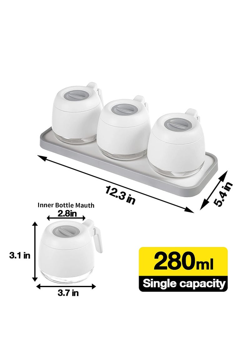 Condiment Jars, 280ml/9.9 oz Sugar Bowl Set of 3, Airtight Condiment Jars with Spoon Lids, Salt and Sugar Containers, Powdered Sugar Coffee Containers for Kitchen Counters