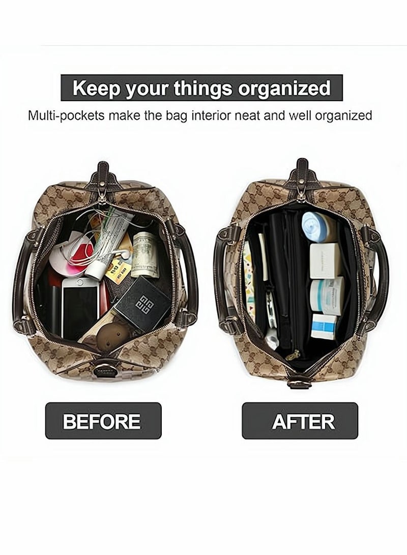 Purse Organizer Insert, Women Felt Bag Multi-Pocket in for Womens Handbag Travel Tote Hobo Storage Liner Divider Any Brand Tote, Black, L Size