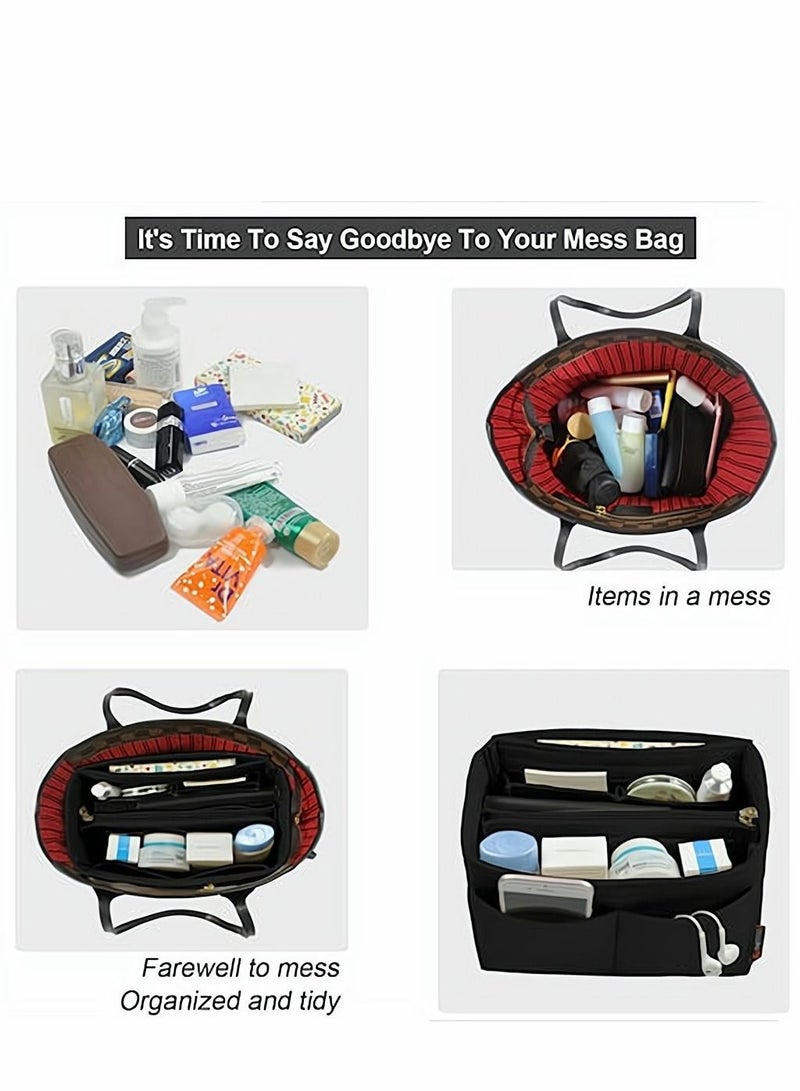 Purse Organizer Insert, Women Felt Bag Multi-Pocket in for Womens Handbag Travel Tote Hobo Storage Liner Divider Any Brand Tote, Black, L Size