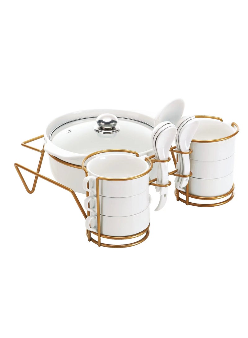 White soup set with Golden Metal Stand 15 pieces set