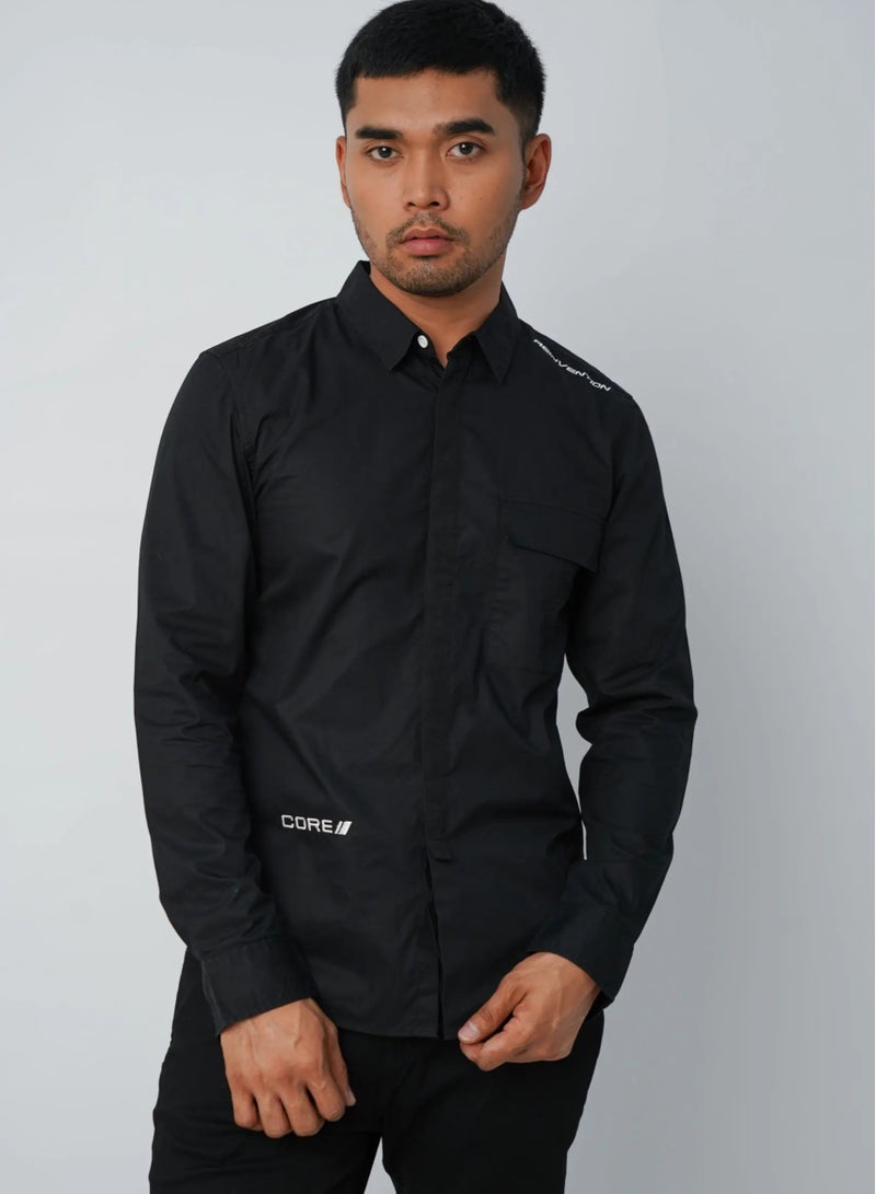 Men’s Collar Neck Business Hidden Button Down Shirt in Black