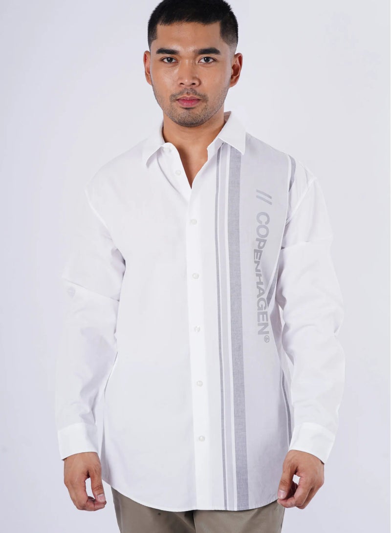 Men’s Contrast Stripes Printed Loose Fit Shirt in Bright White
