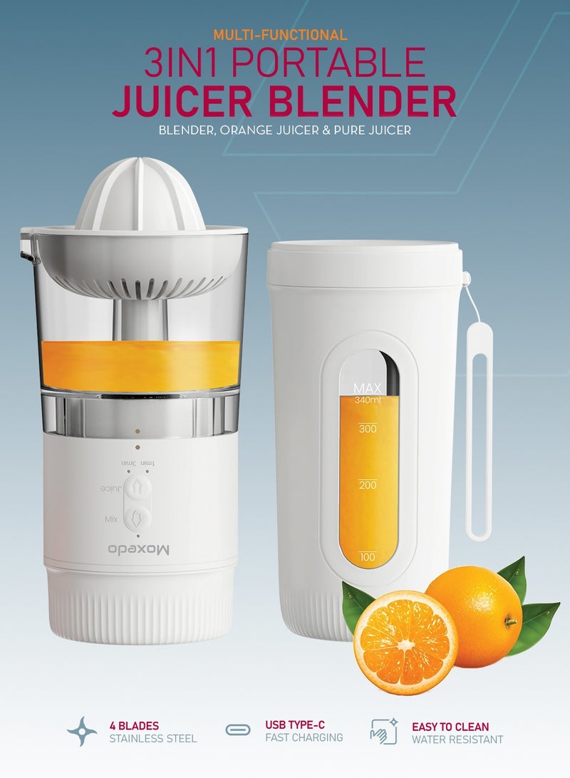 Moxedo 3 in 1 Portable Juicer Blender USB Rechargeable 4 Stainless Steel Blades BPA Free Material Mini Blender Smoothie Maker Lemon Orange Juicer