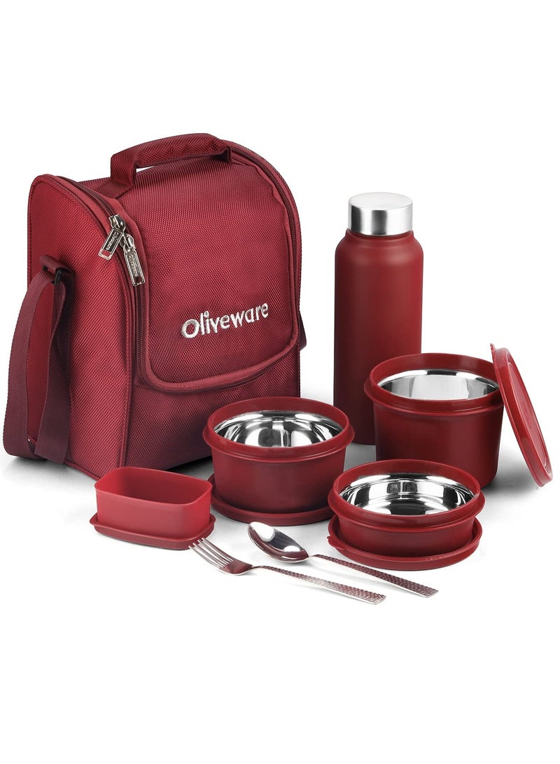 Teso Pro Lunch Box with Steel Cutlery, 3 Microwave Safe Inside Steel Containers with BPA free Lids, Plastic Pickle Box, Steel Water Bottle | Maroon