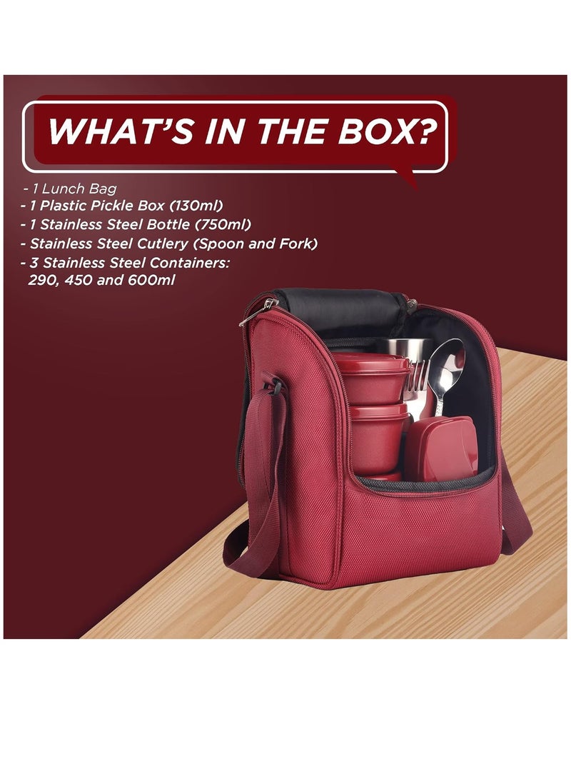 Teso Pro Lunch Box with Steel Cutlery, 3 Microwave Safe Inside Steel Containers with BPA free Lids, Plastic Pickle Box, Steel Water Bottle | Maroon