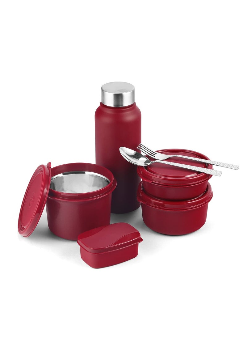 Teso Pro Lunch Box with Steel Cutlery, 3 Microwave Safe Inside Steel Containers with BPA free Lids, Plastic Pickle Box, Steel Water Bottle | Maroon