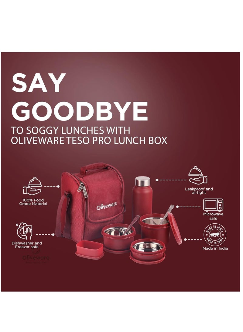 Teso Pro Lunch Box with Steel Cutlery, 3 Microwave Safe Inside Steel Containers with BPA free Lids, Plastic Pickle Box, Steel Water Bottle | Maroon