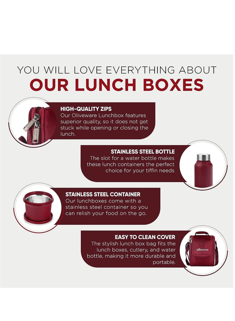 Teso Pro Lunch Box with Steel Cutlery, 3 Microwave Safe Inside Steel Containers with BPA free Lids, Plastic Pickle Box, Steel Water Bottle | Maroon