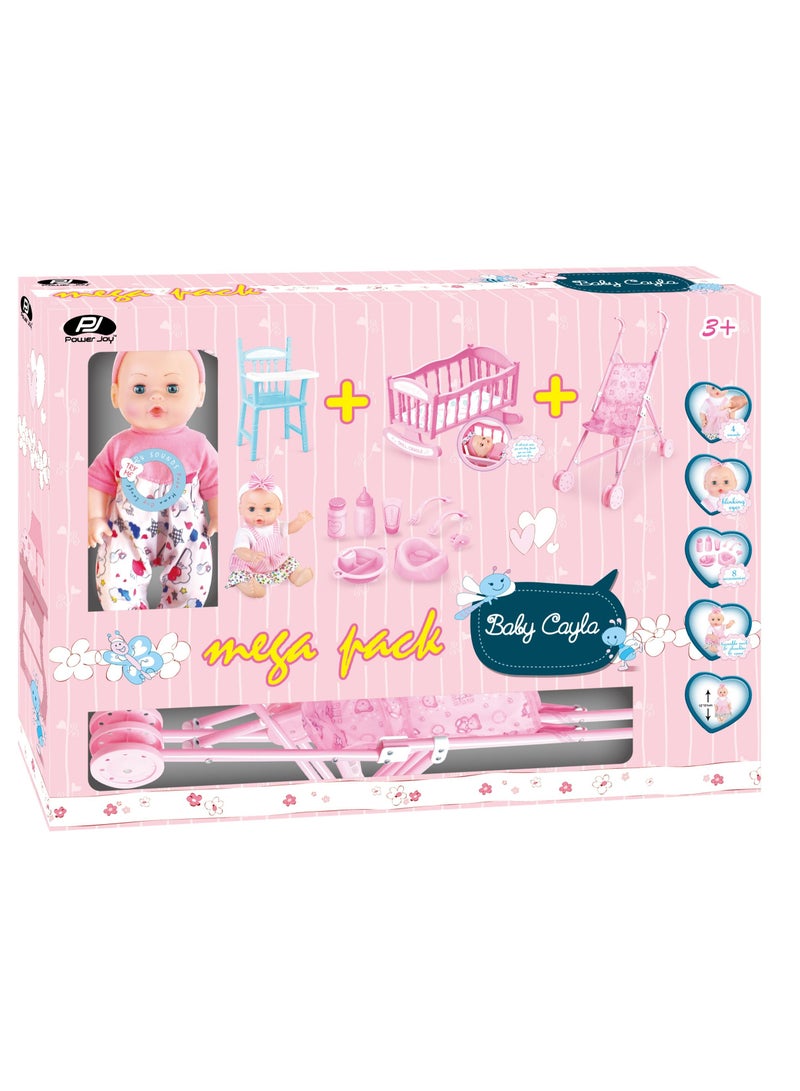 Power Joy Baby Cayla Mega Pack With 1 Piece 30cm Doll and Accessories | Pretend Play | Baby Doll | Doll Playset
