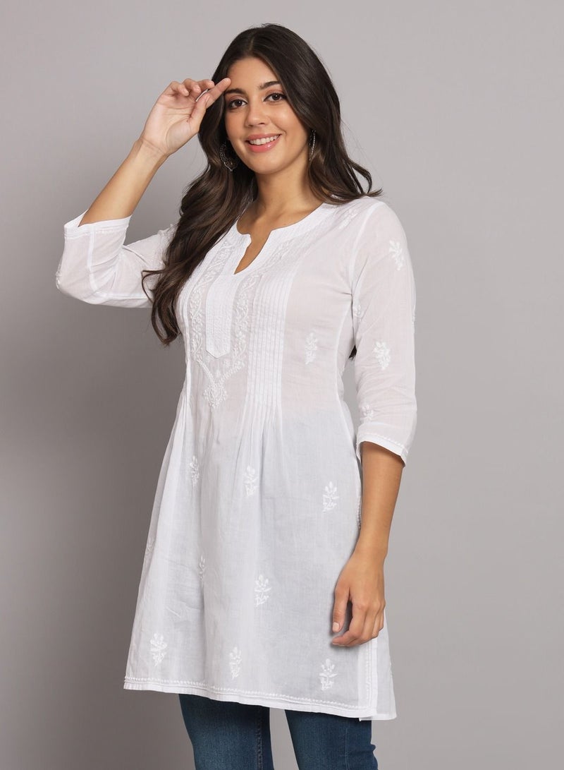 Hand Embroidered Chikankari Cotton Straight Pleated Tunic-AL1948